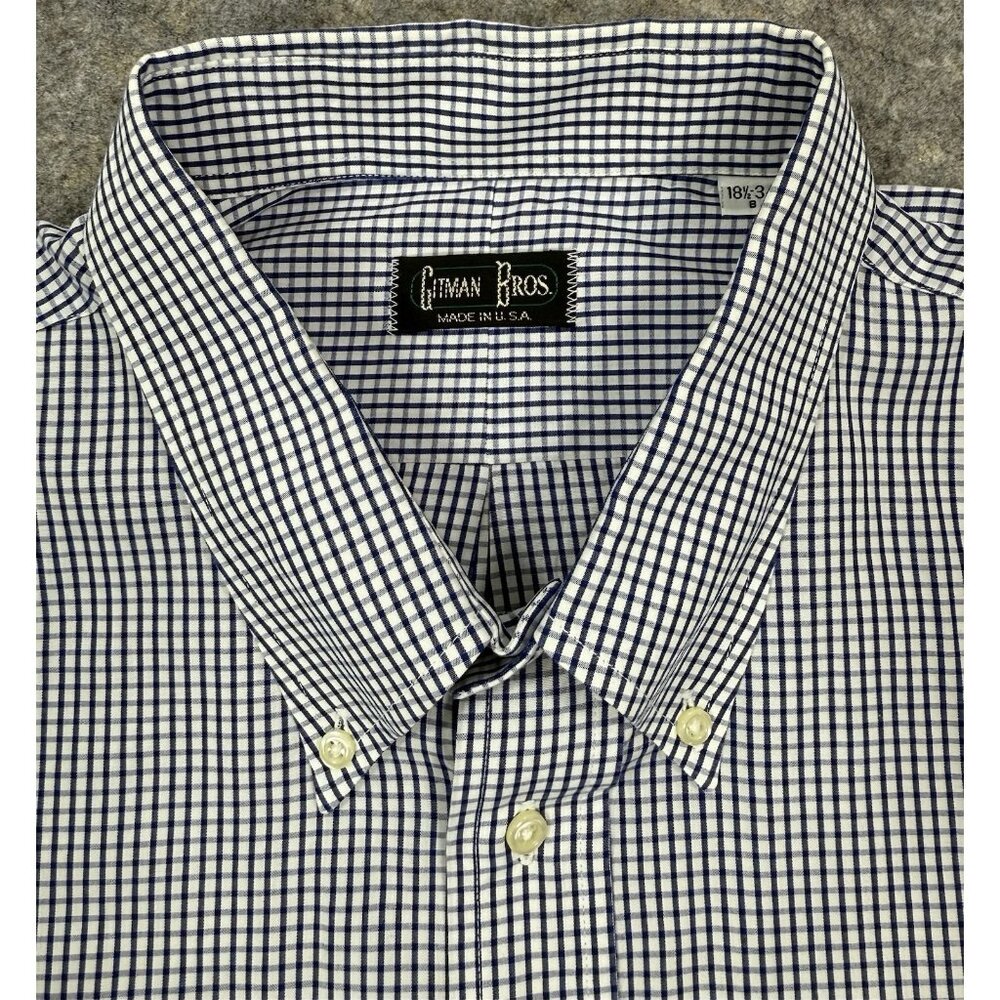 Gitman Bros Mens Dress Shirt Size 18.5 34 Big Tall Blue Plaid Made In USA